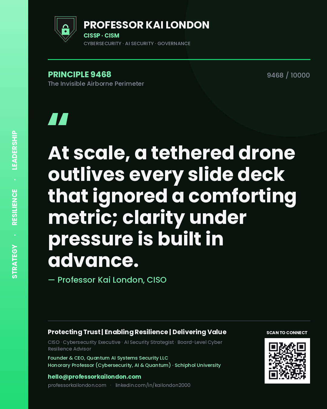 Quote card by Professor Kai London reading 'At scale, a tethered drone outlives every slide deck that ignored a comforting metric; clarity under pressure is built in advance.'. From the book The Invisible Airborne Perimeter.