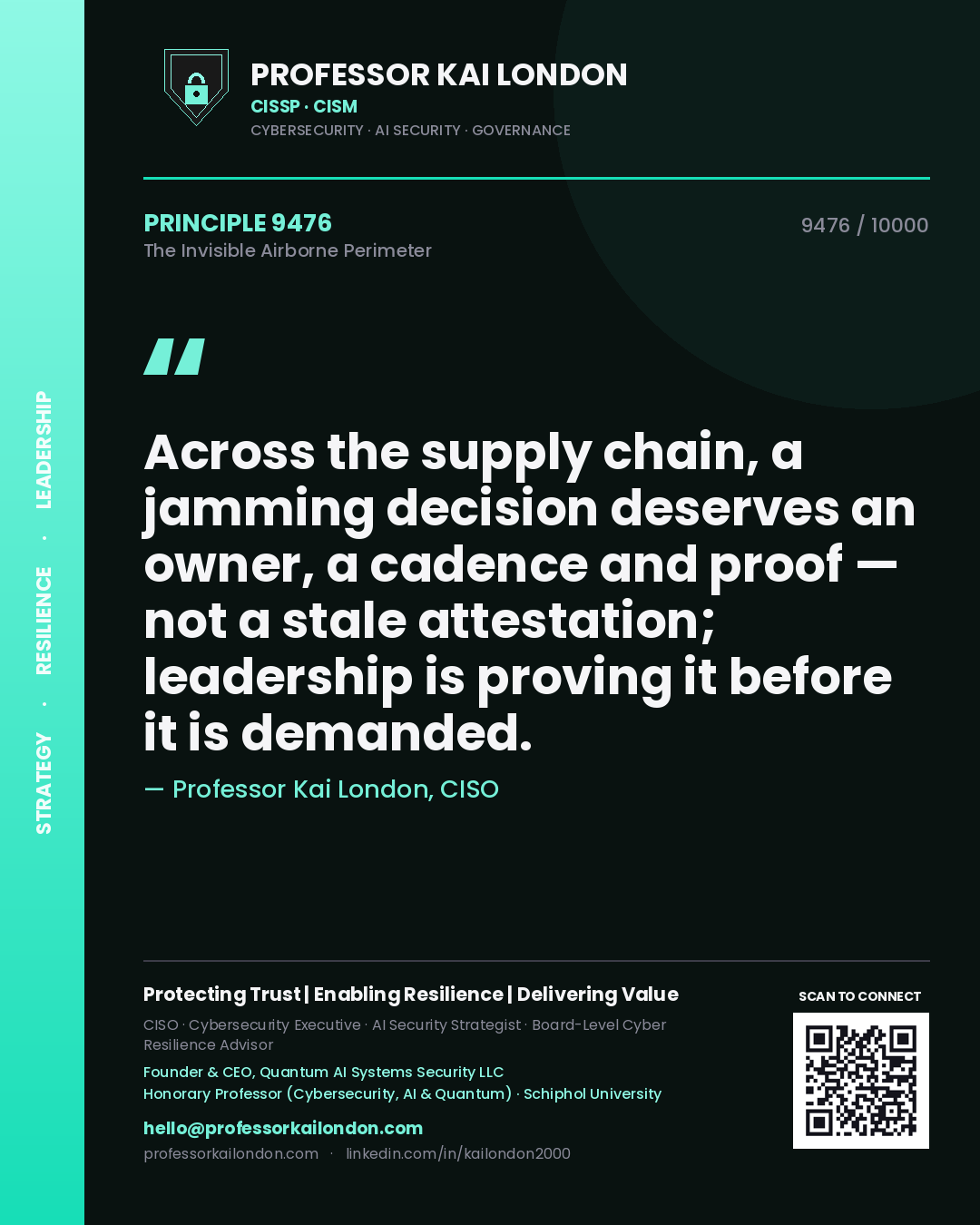 Quote card by Professor Kai London reading 'Across the supply chain, a jamming decision deserves an owner, a cadence and proof — not a stale attestation; leadership is proving it before it is demanded.'. From the book The Invisible Airborne Perimeter.