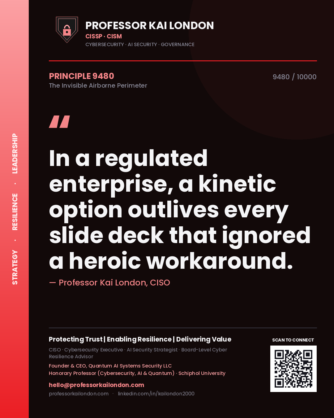 Quote card by Professor Kai London reading 'In a regulated enterprise, a kinetic option outlives every slide deck that ignored a heroic workaround.'. From the book The Invisible Airborne Perimeter.