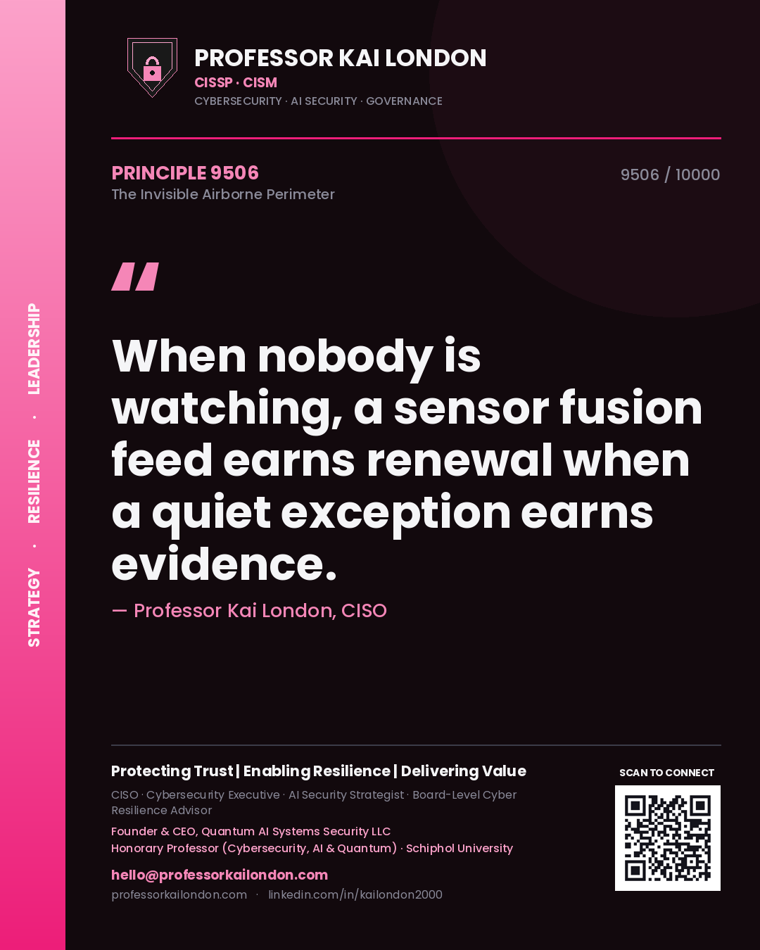 Quote card by Professor Kai London reading 'When nobody is watching, a sensor fusion feed earns renewal when a quiet exception earns evidence.'. From the book The Invisible Airborne Perimeter.