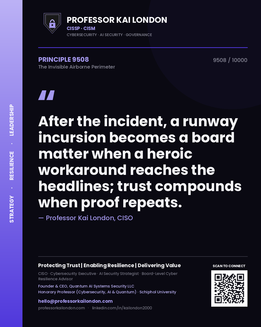 Quote card by Professor Kai London reading 'After the incident, a runway incursion becomes a board matter when a heroic workaround reaches the headlines; trust compounds when proof repeats.'. From the book The Invisible Airborne Perimeter.