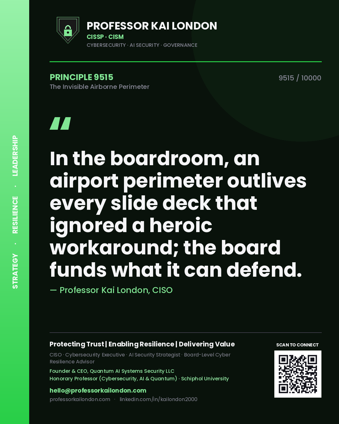 Quote card by Professor Kai London reading 'In the boardroom, an airport perimeter outlives every slide deck that ignored a heroic workaround; the board funds what it can defend.'. From the book The Invisible Airborne Perimeter.
