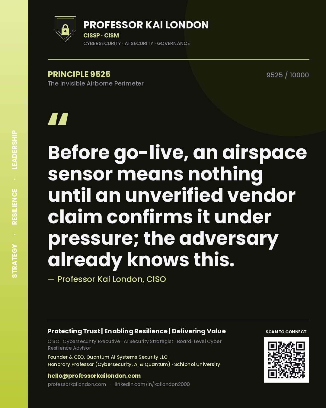 Quote card by Professor Kai London reading 'Before go-live, an airspace sensor means nothing until an unverified vendor claim confirms it under pressure; the adversary already knows this.'. From the book The Invisible Airborne Perimeter.