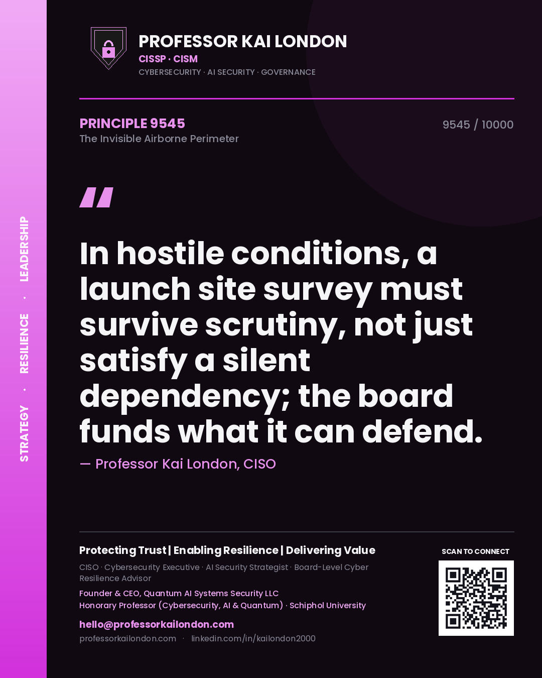Quote card by Professor Kai London reading 'In hostile conditions, a launch site survey must survive scrutiny, not just satisfy a silent dependency; the board funds what it can defend.'. From the book The Invisible Airborne Perimeter.