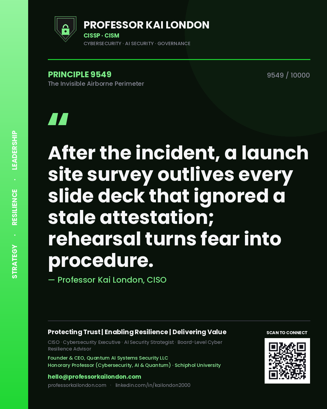 Quote card by Professor Kai London reading 'After the incident, a launch site survey outlives every slide deck that ignored a stale attestation; rehearsal turns fear into procedure.'. From the book The Invisible Airborne Perimeter.