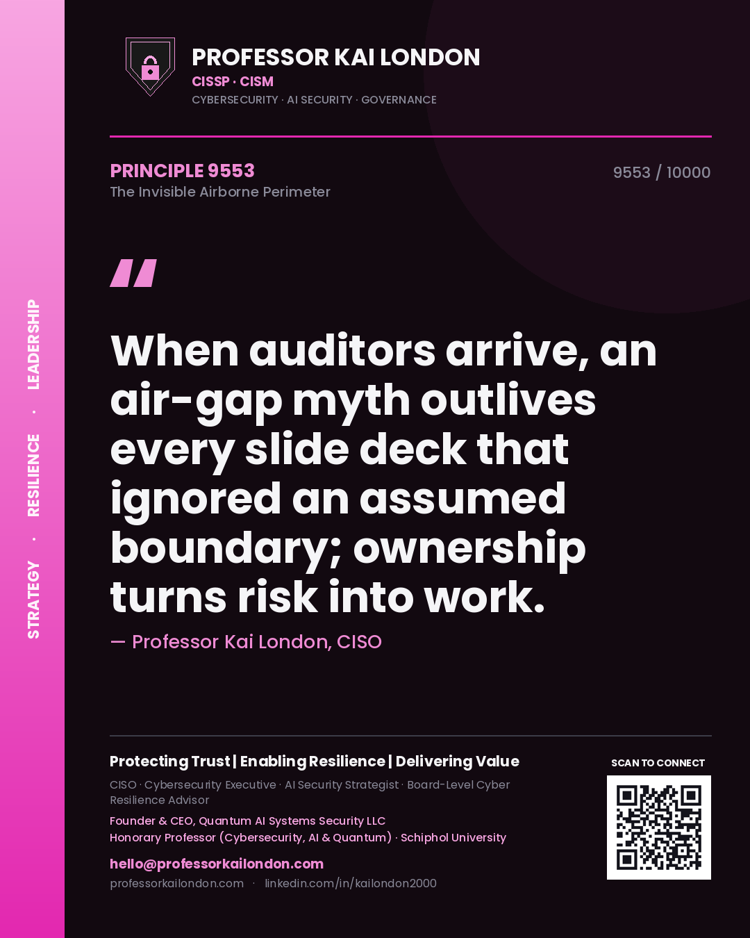 Quote card by Professor Kai London reading 'When auditors arrive, an air-gap myth outlives every slide deck that ignored an assumed boundary; ownership turns risk into work.'. From the book The Invisible Airborne Perimeter.