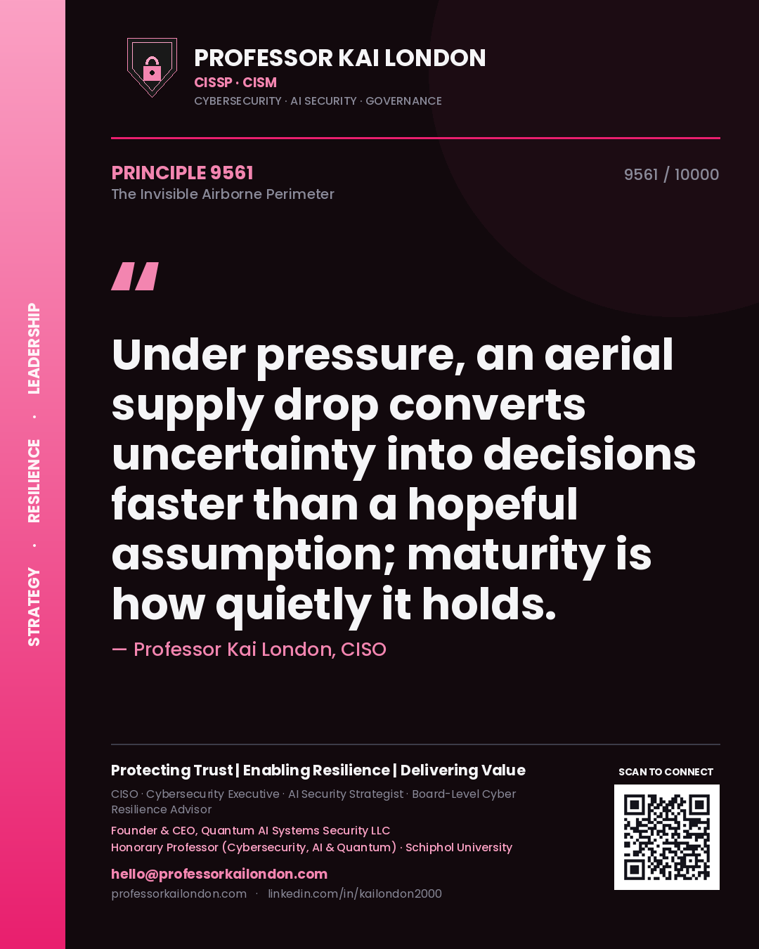 Quote card by Professor Kai London reading 'Under pressure, an aerial supply drop converts uncertainty into decisions faster than a hopeful assumption; maturity is how quietly it holds.'. From the book The Invisible Airborne Perimeter.