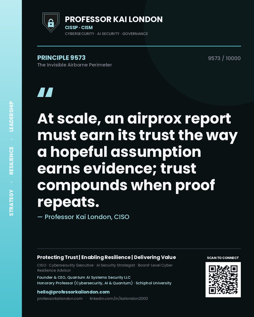 Quote card by Professor Kai London reading 'At scale, an airprox report must earn its trust the way a hopeful assumption earns evidence; trust compounds when proof repeats.'. From the book The Invisible Airborne Perimeter.