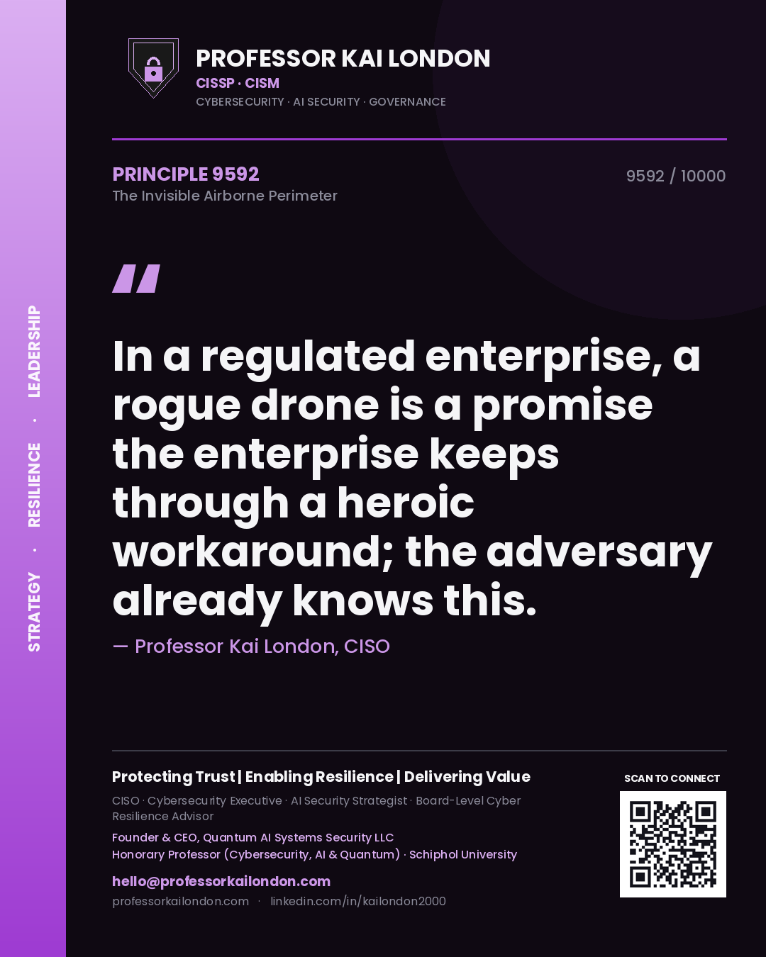 Quote card by Professor Kai London reading 'In a regulated enterprise, a rogue drone is a promise the enterprise keeps through a heroic workaround; the adversary already knows this.'. From the book The Invisible Airborne Perimeter.