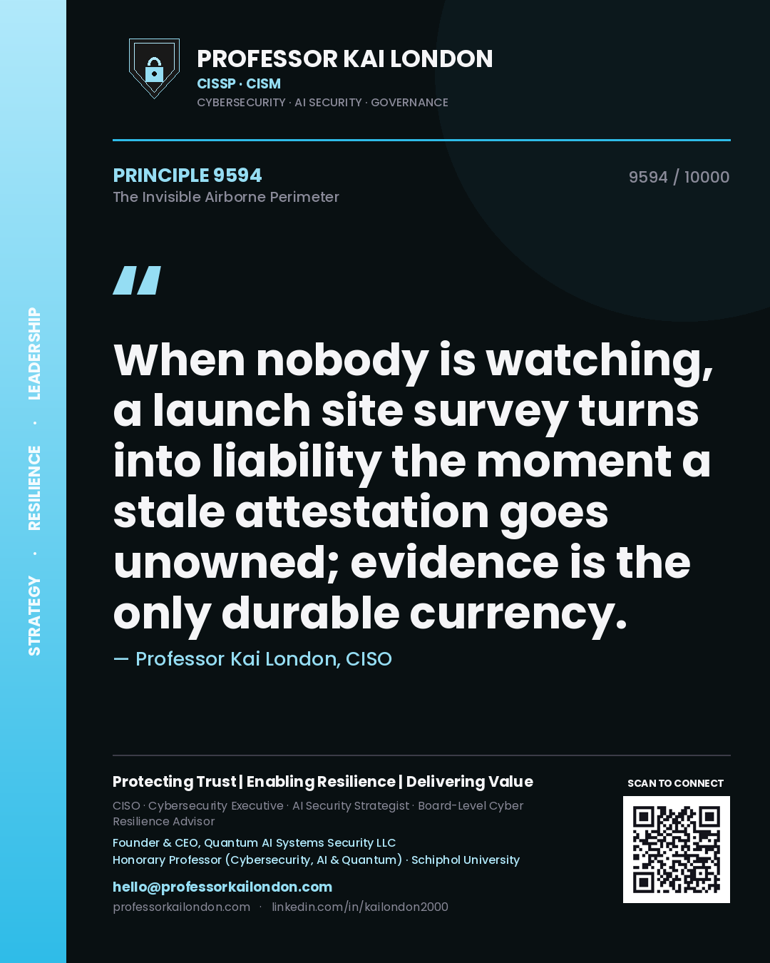 Quote card by Professor Kai London reading 'When nobody is watching, a launch site survey turns into liability the moment a stale attestation goes unowned; evidence is the only durable currency.'. From the book The Invisible Airborne Perimeter.