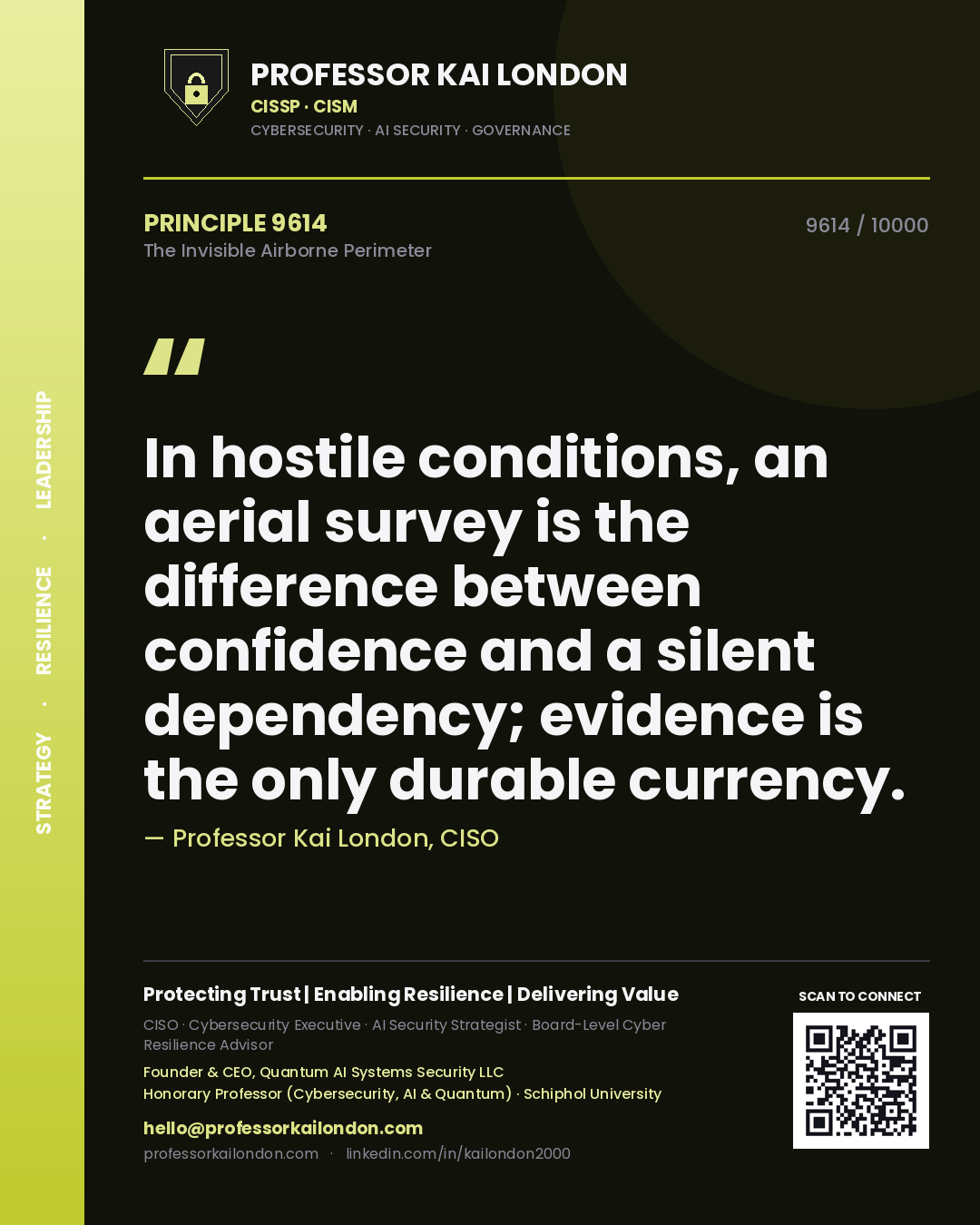Professor Kai London principle 9614: In hostile conditions, an aerial survey is the difference between confidence and a silent dependency; evidence is the only durable currency.
