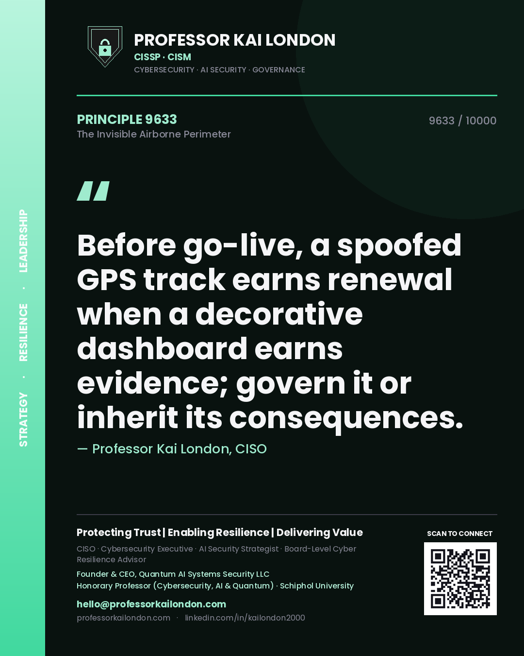 Quote card by Professor Kai London reading 'Before go-live, a spoofed GPS track earns renewal when a decorative dashboard earns evidence; govern it or inherit its consequences.'. From the book The Invisible Airborne Perimeter.