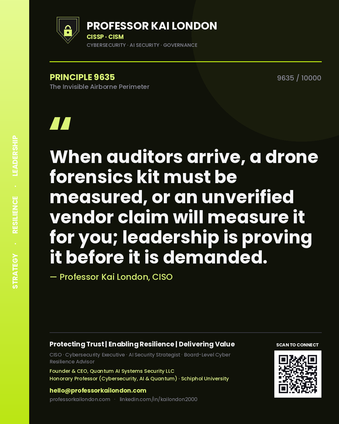 Professor Kai London principle 9635: When auditors arrive, a drone forensics kit must be measured, or an unverified vendor claim will measure it for you; leadership is proving it before it is demanded.