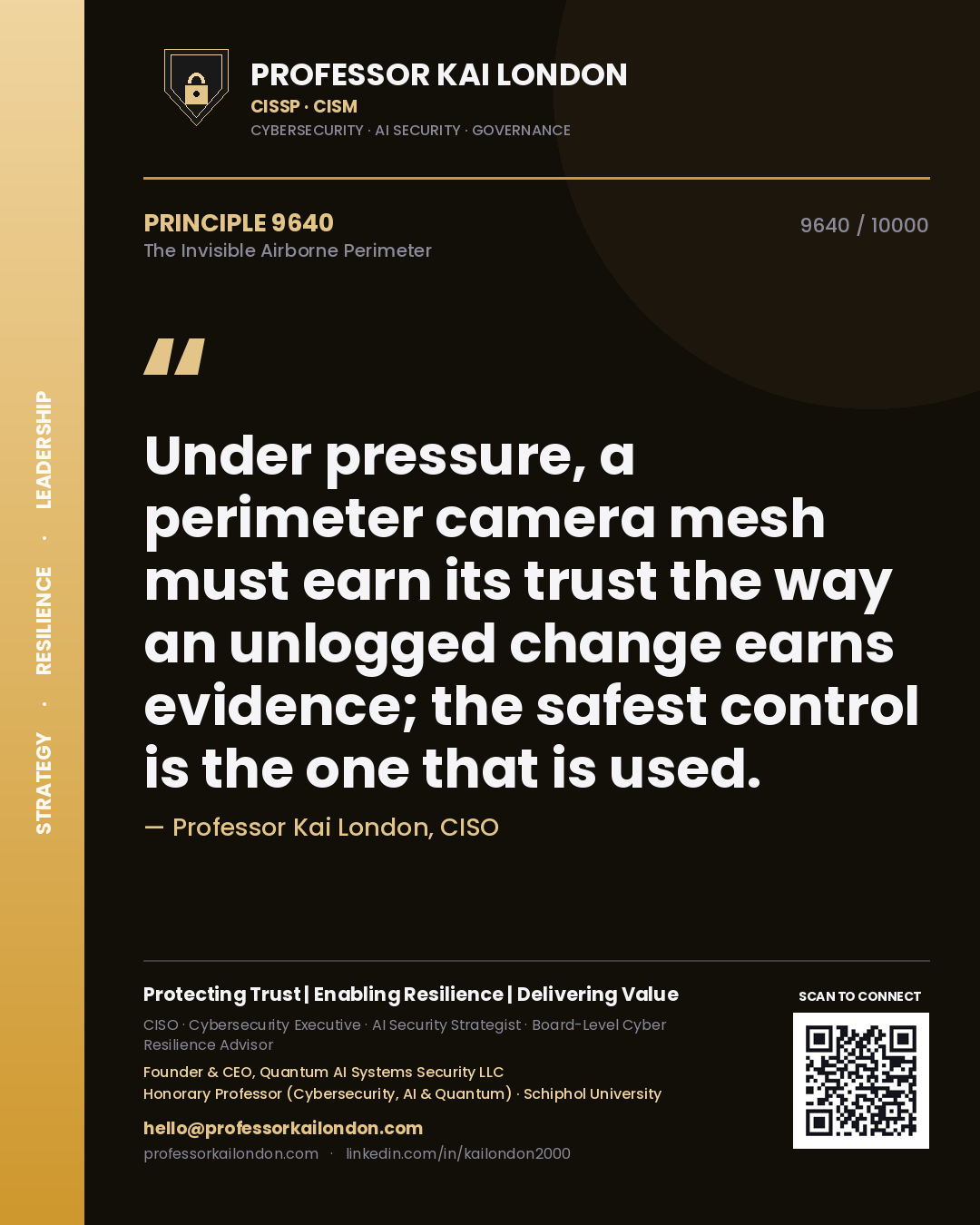 Quote card by Professor Kai London reading 'Under pressure, a perimeter camera mesh must earn its trust the way an unlogged change earns evidence; the safest control is the one that is used.'. From the book The Invisible Airborne Perimeter.