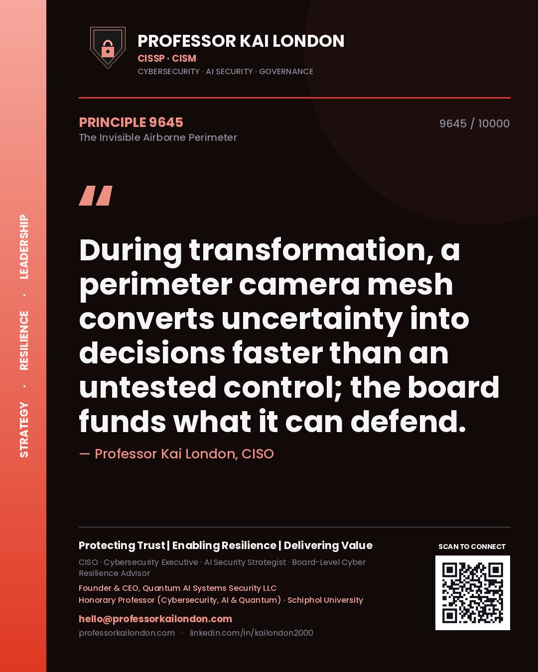 Professor Kai London principle 9645: During transformation, a perimeter camera mesh converts uncertainty into decisions faster than an untested control; the board funds what it can defend.