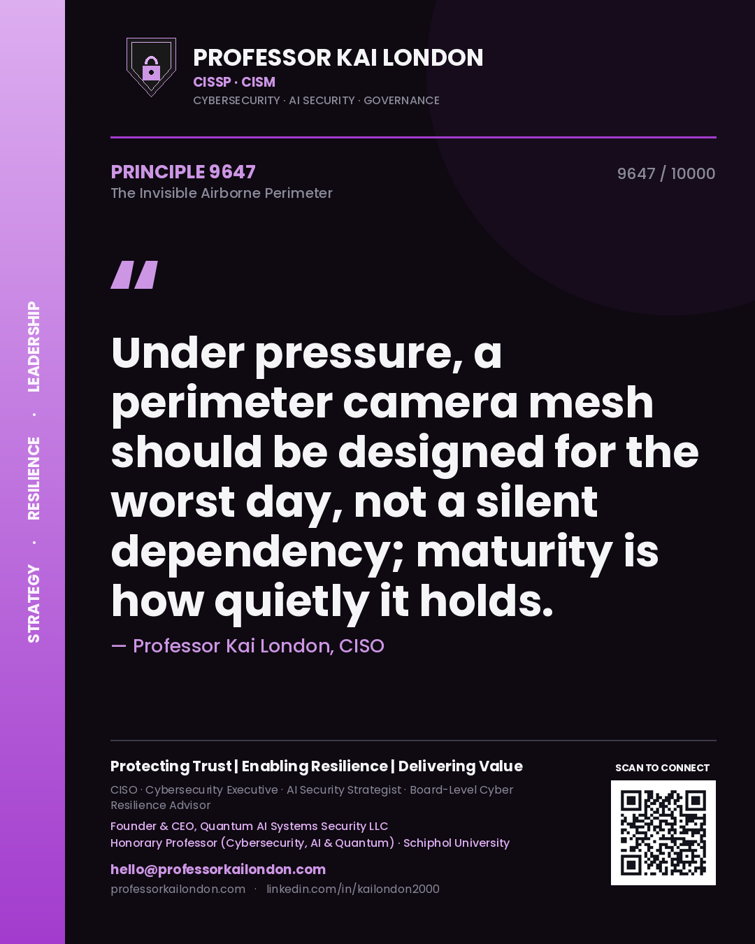 Professor Kai London principle 9647: Under pressure, a perimeter camera mesh should be designed for the worst day, not a silent dependency; maturity is how quietly it holds.