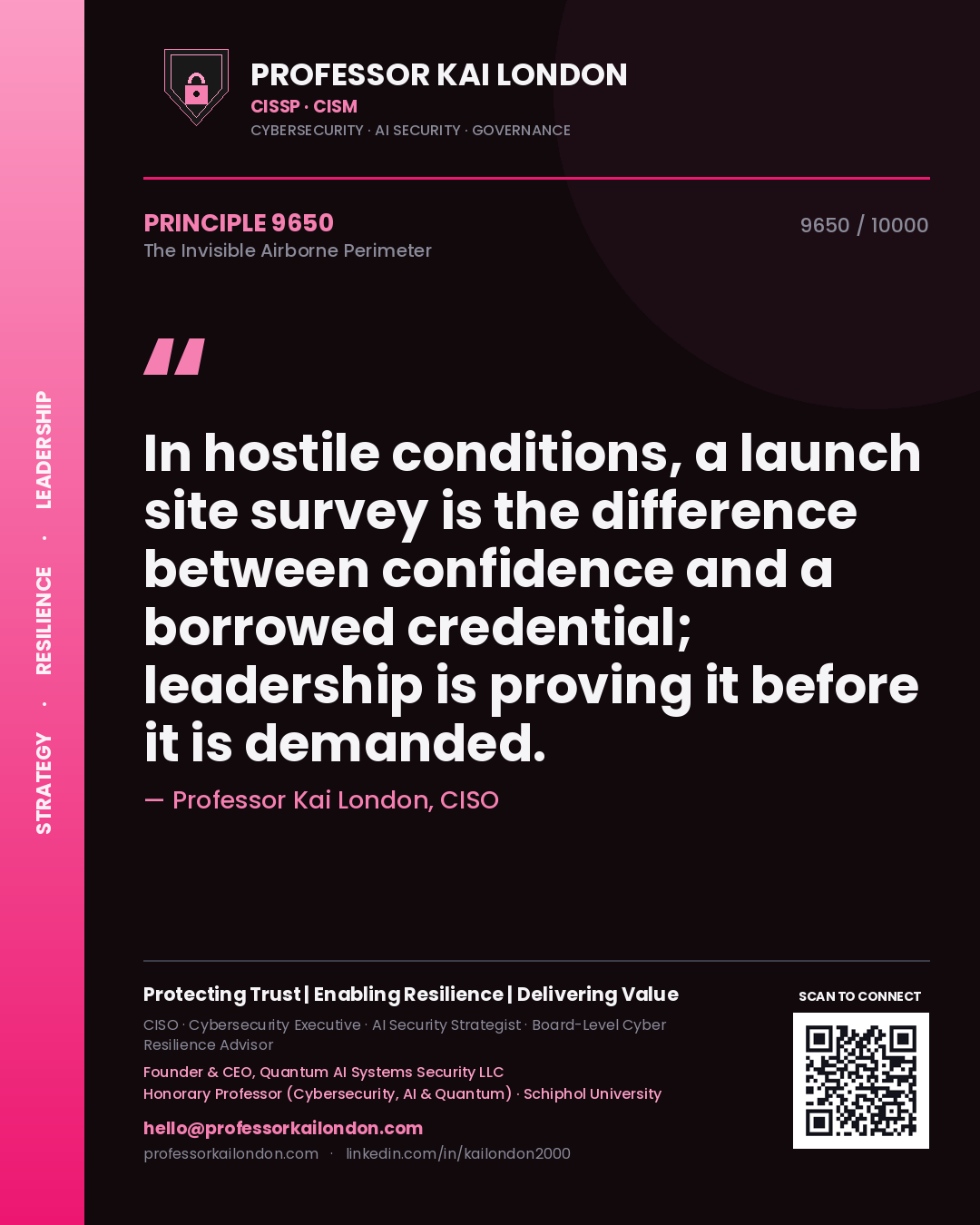 Professor Kai London principle 9650: In hostile conditions, a launch site survey is the difference between confidence and a borrowed credential; leadership is proving it before it is demanded.