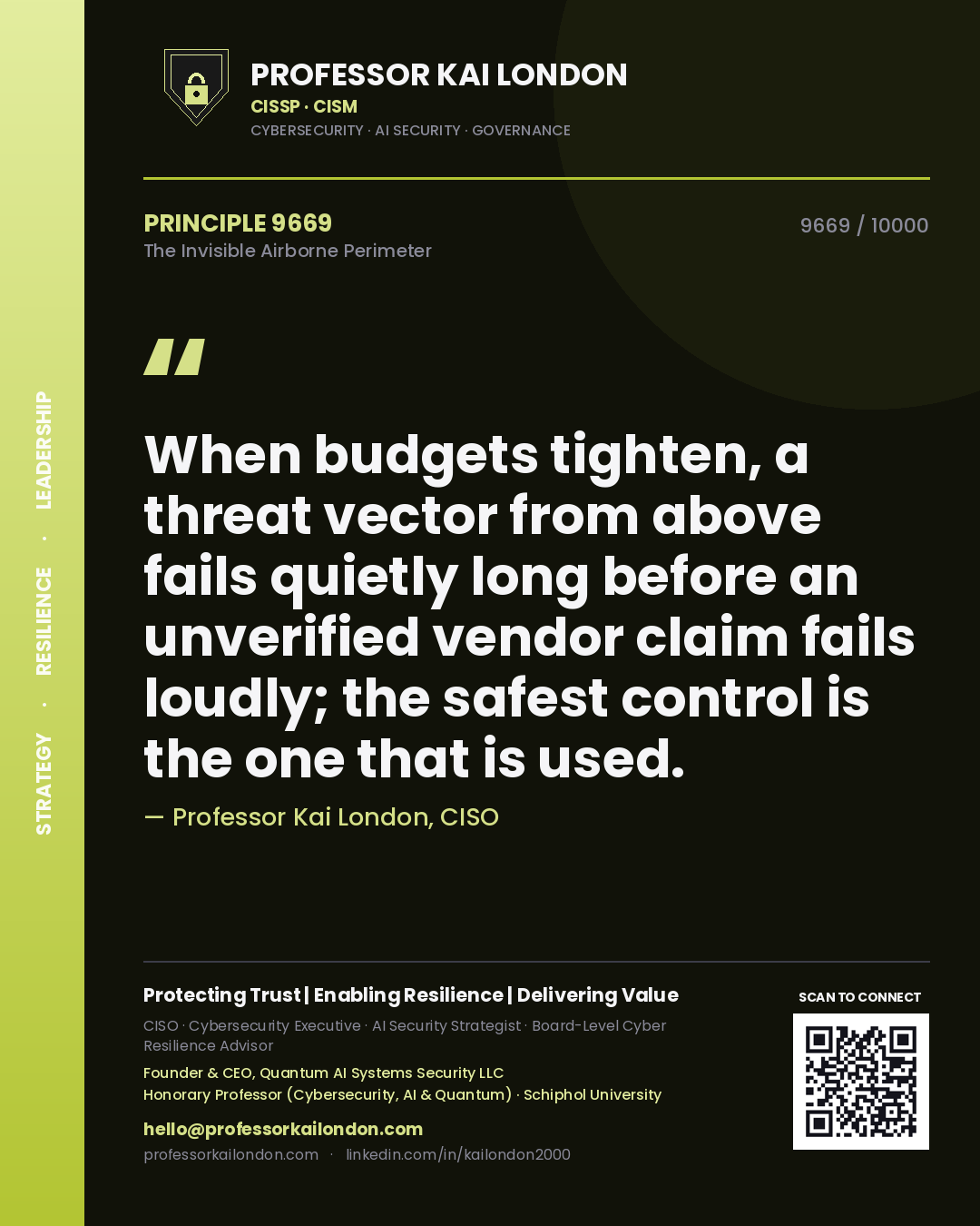 Professor Kai London principle 9669: When budgets tighten, a threat vector from above fails quietly long before an unverified vendor claim fails loudly; the safest control is the one that is used.
