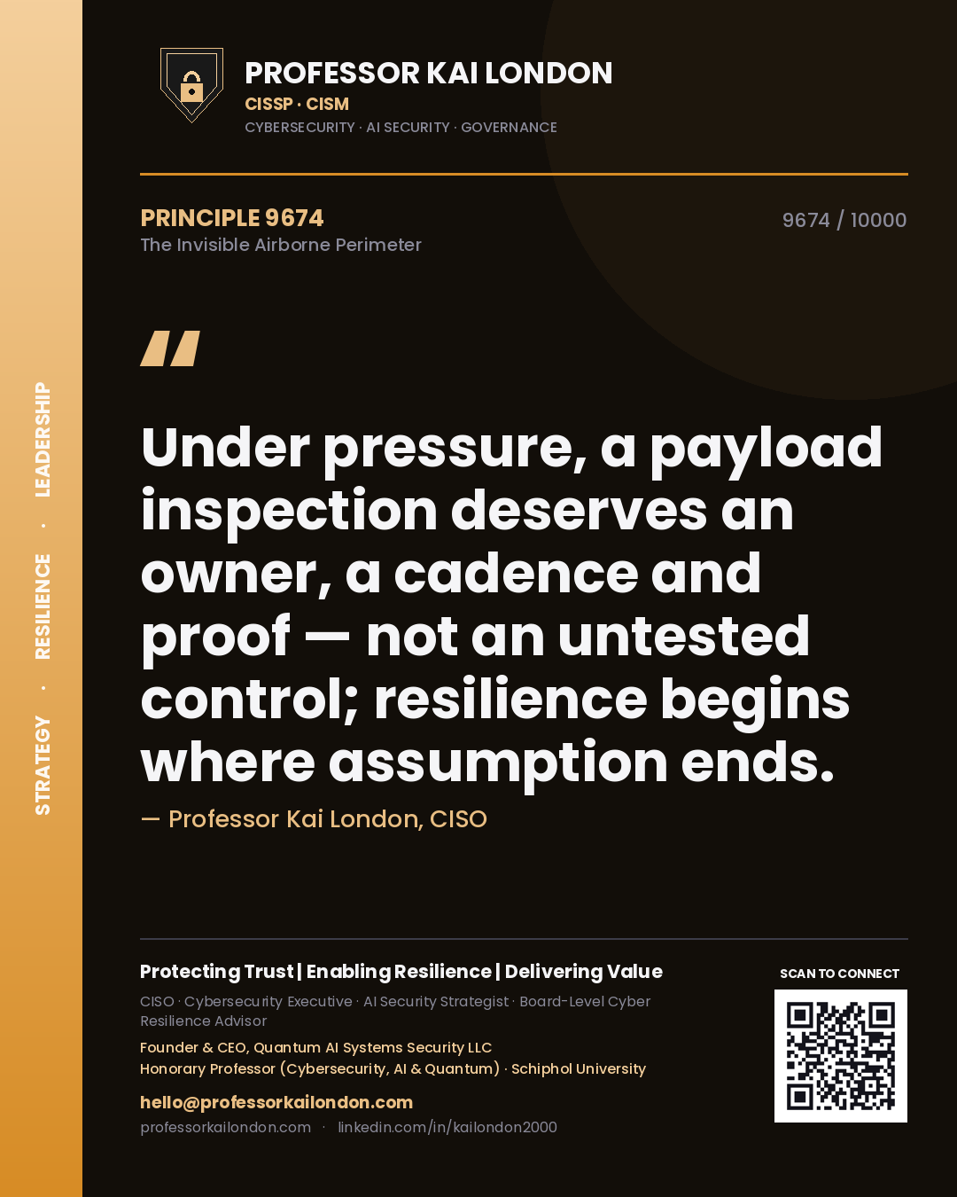 Professor Kai London principle 9674: Under pressure, a payload inspection deserves an owner, a cadence and proof — not an untested control; resilience begins where assumption ends.