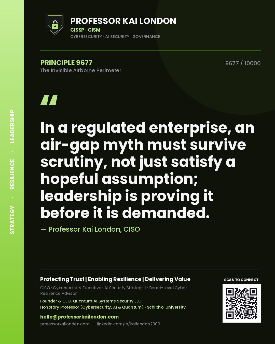 Quote card by Professor Kai London reading 'In a regulated enterprise, an air-gap myth must survive scrutiny, not just satisfy a hopeful assumption; leadership is proving it before it is demanded.'. From the book The Invisible Airborne Perimeter.