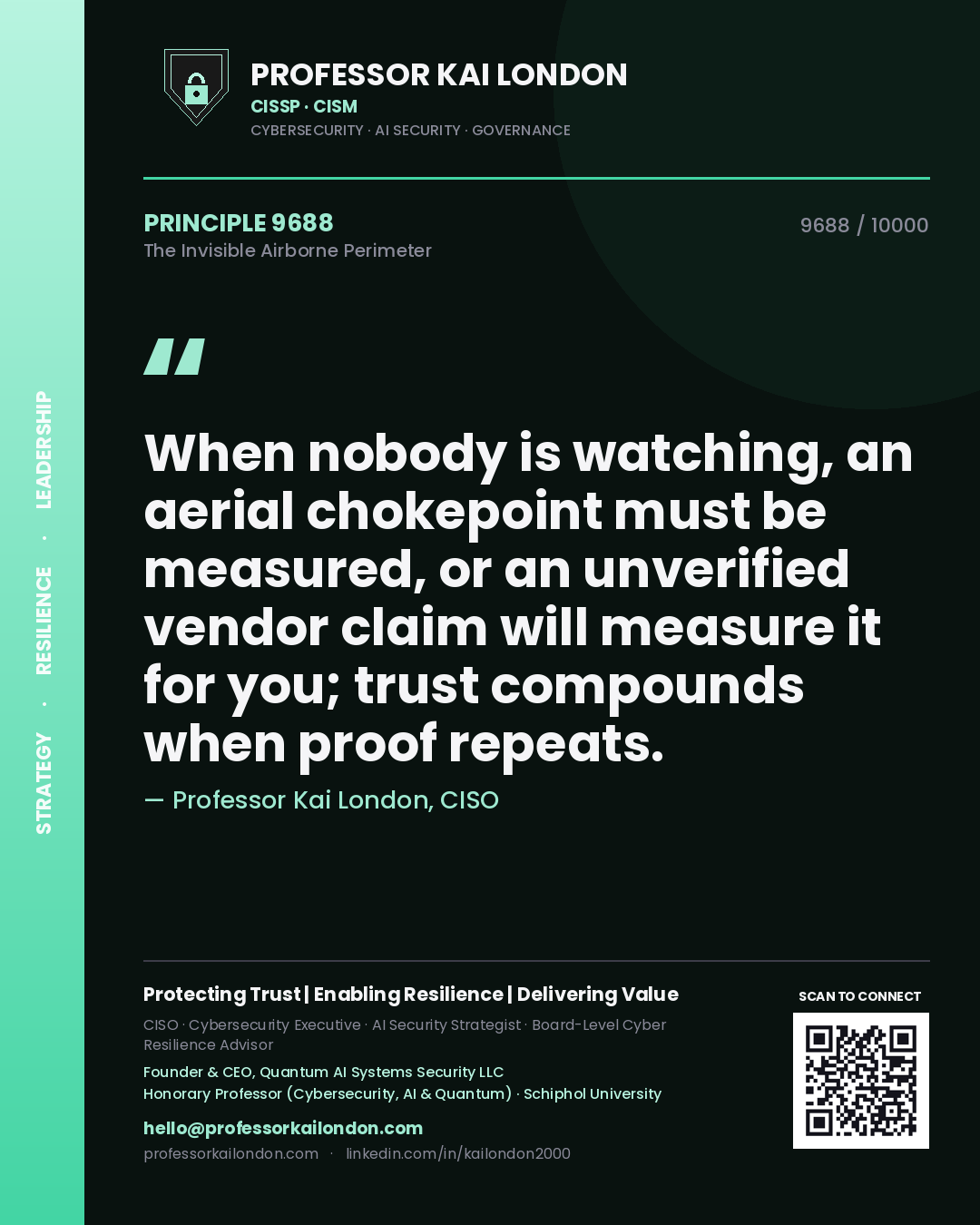 Professor Kai London principle 9688: When nobody is watching, an aerial chokepoint must be measured, or an unverified vendor claim will measure it for you; trust compounds when proof repeats.