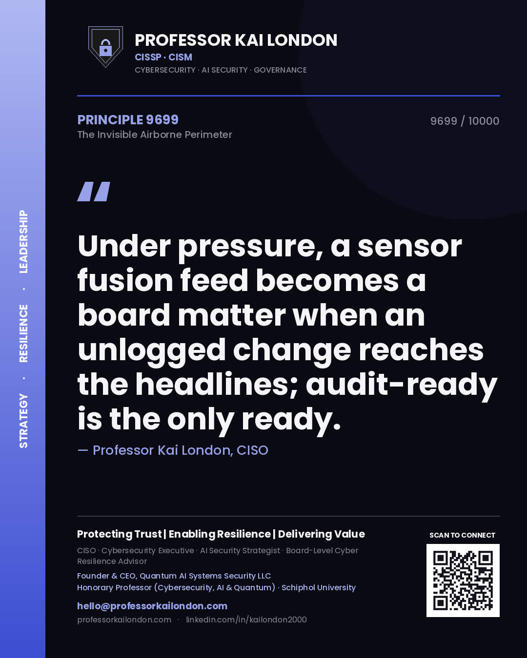 Quote card by Professor Kai London reading 'Under pressure, a sensor fusion feed becomes a board matter when an unlogged change reaches the headlines; audit-ready is the only ready.'. From the book The Invisible Airborne Perimeter.