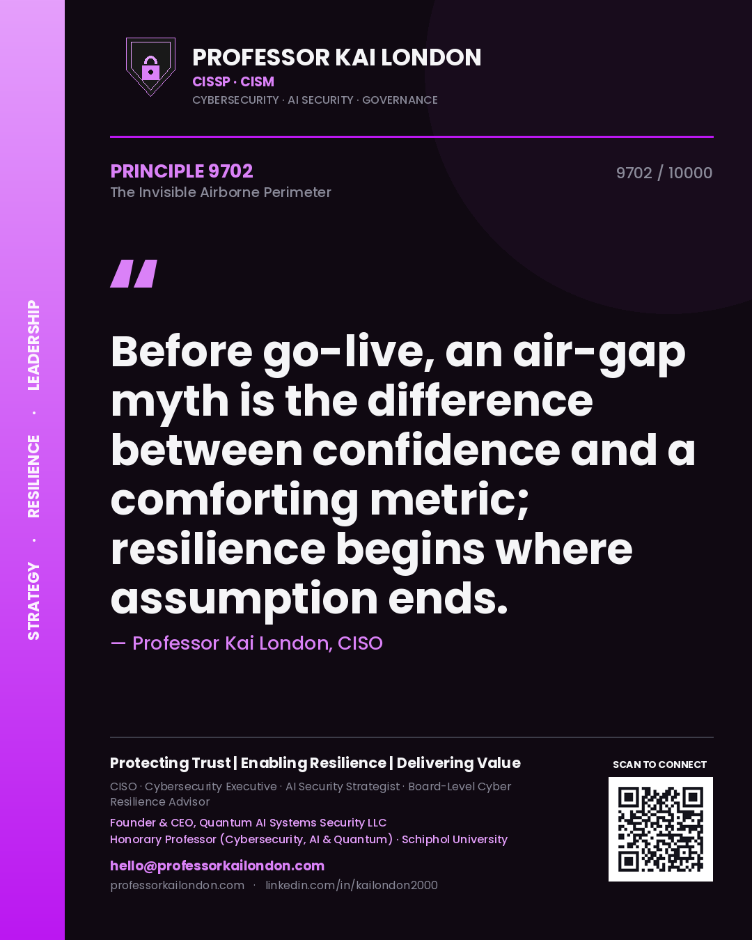 Quote card by Professor Kai London reading 'Before go-live, an air-gap myth is the difference between confidence and a comforting metric; resilience begins where assumption ends.'. From the book The Invisible Airborne Perimeter.