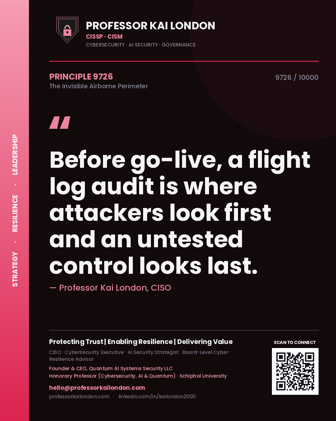Quote card by Professor Kai London reading 'Before go-live, a flight log audit is where attackers look first and an untested control looks last.'. From the book The Invisible Airborne Perimeter.
