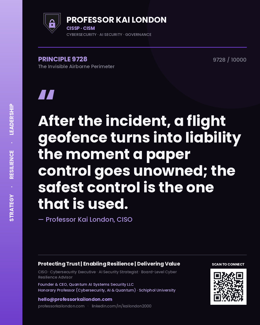 Quote card by Professor Kai London reading 'After the incident, a flight geofence turns into liability the moment a paper control goes unowned; the safest control is the one that is used.'. From the book The Invisible Airborne Perimeter.