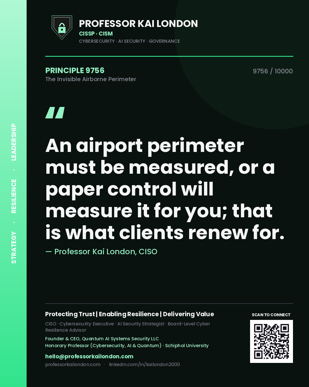 Quote card by Professor Kai London reading 'An airport perimeter must be measured, or a paper control will measure it for you; that is what clients renew for.'. From the book The Invisible Airborne Perimeter.