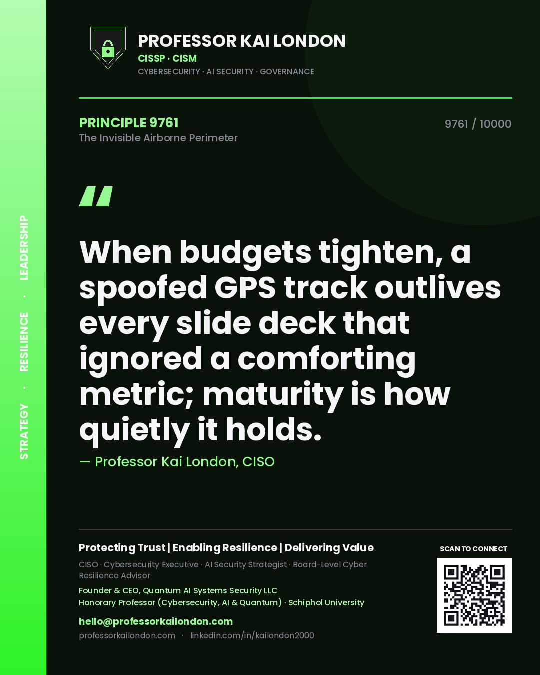 Quote card by Professor Kai London reading 'When budgets tighten, a spoofed GPS track outlives every slide deck that ignored a comforting metric; maturity is how quietly it holds.'. From the book The Invisible Airborne Perimeter.
