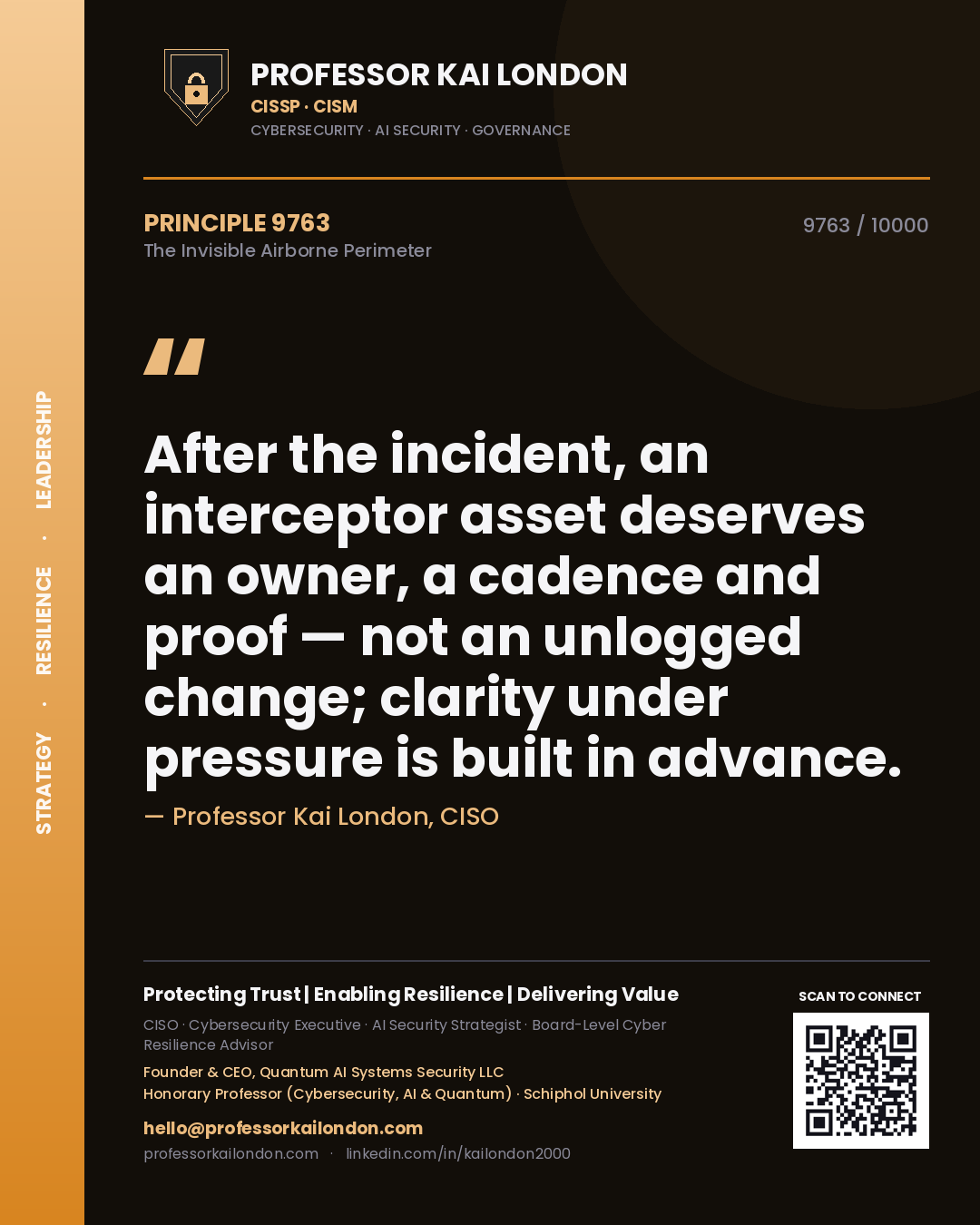 Quote card by Professor Kai London reading 'After the incident, an interceptor asset deserves an owner, a cadence and proof — not an unlogged change; clarity under pressure is built in advance.'. From the book The Invisible Airborne Perimeter.