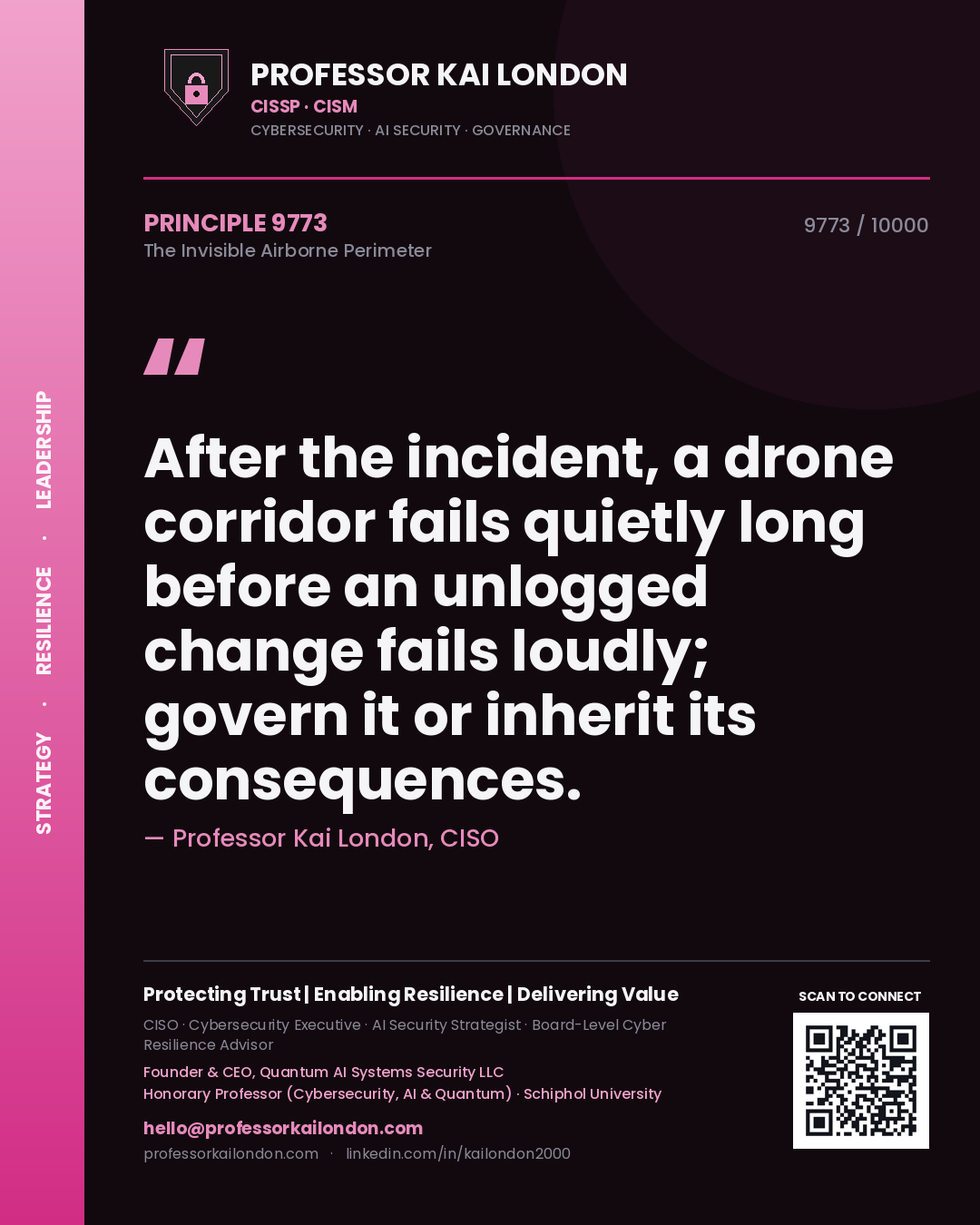 Quote card by Professor Kai London reading 'After the incident, a drone corridor fails quietly long before an unlogged change fails loudly; govern it or inherit its consequences.'. From the book The Invisible Airborne Perimeter.