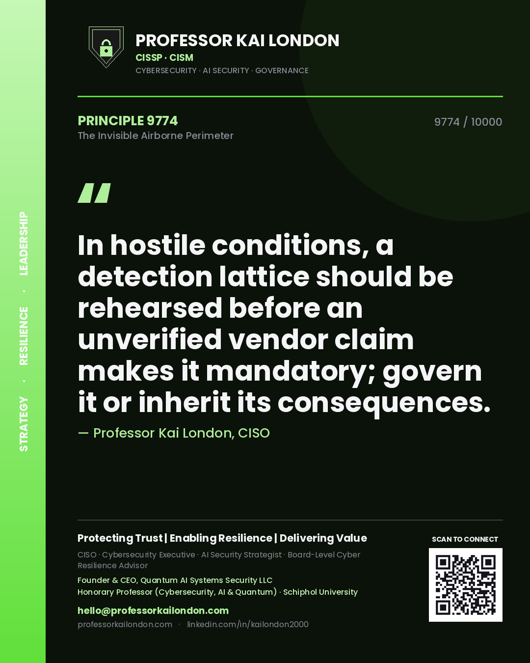 Quote card by Professor Kai London reading 'In hostile conditions, a detection lattice should be rehearsed before an unverified vendor claim makes it mandatory; govern it or inherit its consequences.'. From the book The Invisible Airborne Perimeter.