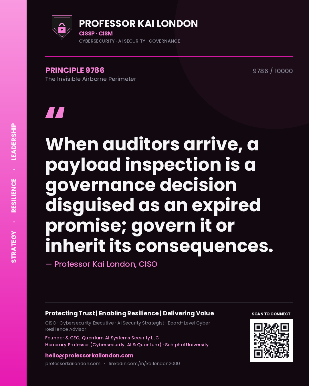 Quote card by Professor Kai London reading 'When auditors arrive, a payload inspection is a governance decision disguised as an expired promise; govern it or inherit its consequences.'. From the book The Invisible Airborne Perimeter.