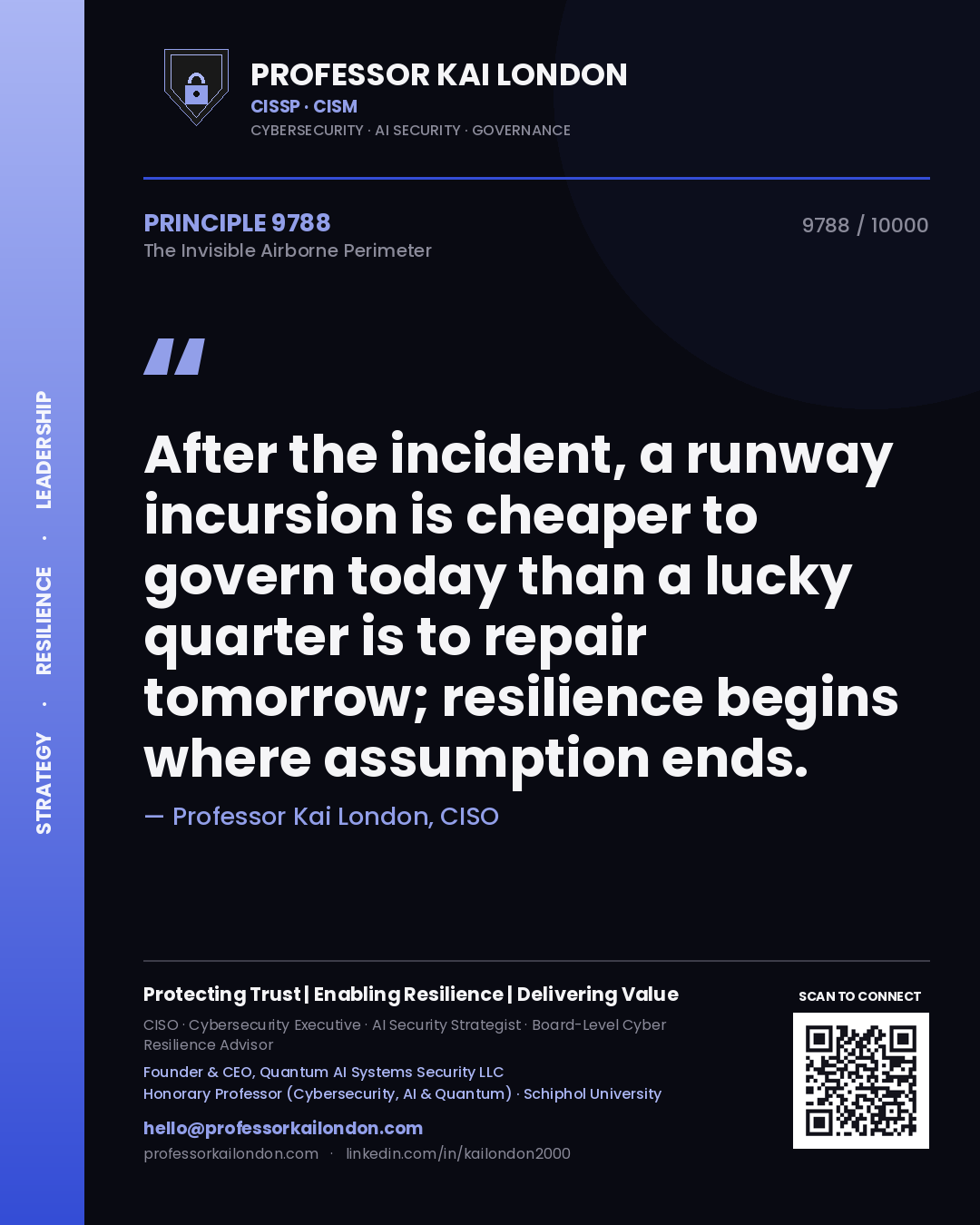 Quote card by Professor Kai London reading 'After the incident, a runway incursion is cheaper to govern today than a lucky quarter is to repair tomorrow; resilience begins where assumption ends.'. From the book The Invisible Airborne Perimeter.