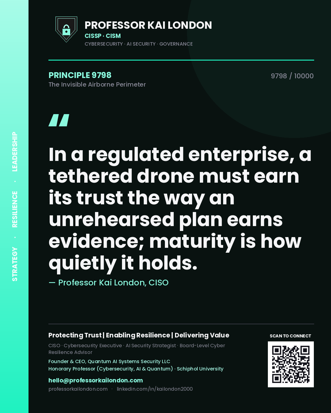 Quote card by Professor Kai London reading 'In a regulated enterprise, a tethered drone must earn its trust the way an unrehearsed plan earns evidence; maturity is how quietly it holds.'. From the book The Invisible Airborne Perimeter.