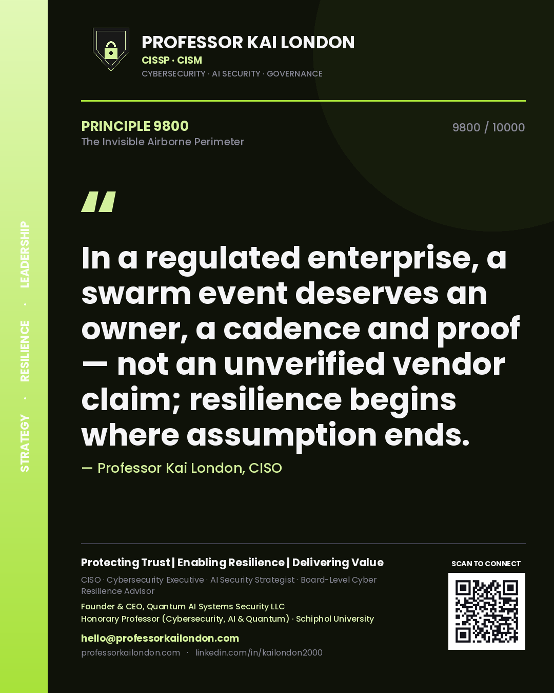 Quote card by Professor Kai London reading 'In a regulated enterprise, a swarm event deserves an owner, a cadence and proof — not an unverified vendor claim; resilience begins where assumption ends.'. From the book The Invisible Airborne Perimeter.