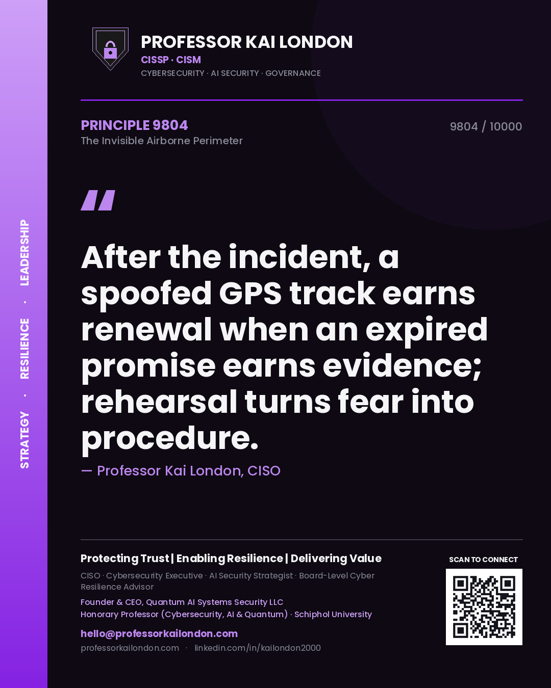 Professor Kai London principle 9804: After the incident, a spoofed GPS track earns renewal when an expired promise earns evidence; rehearsal turns fear into procedure.