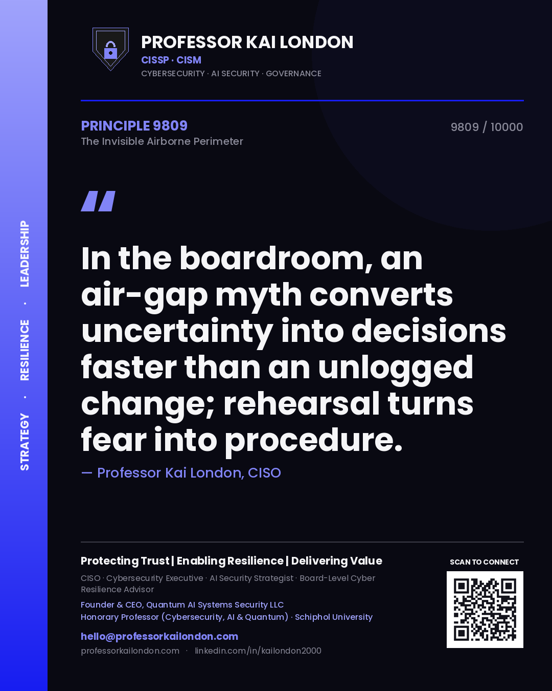 Professor Kai London principle 9809: In the boardroom, an air-gap myth converts uncertainty into decisions faster than an unlogged change; rehearsal turns fear into procedure.