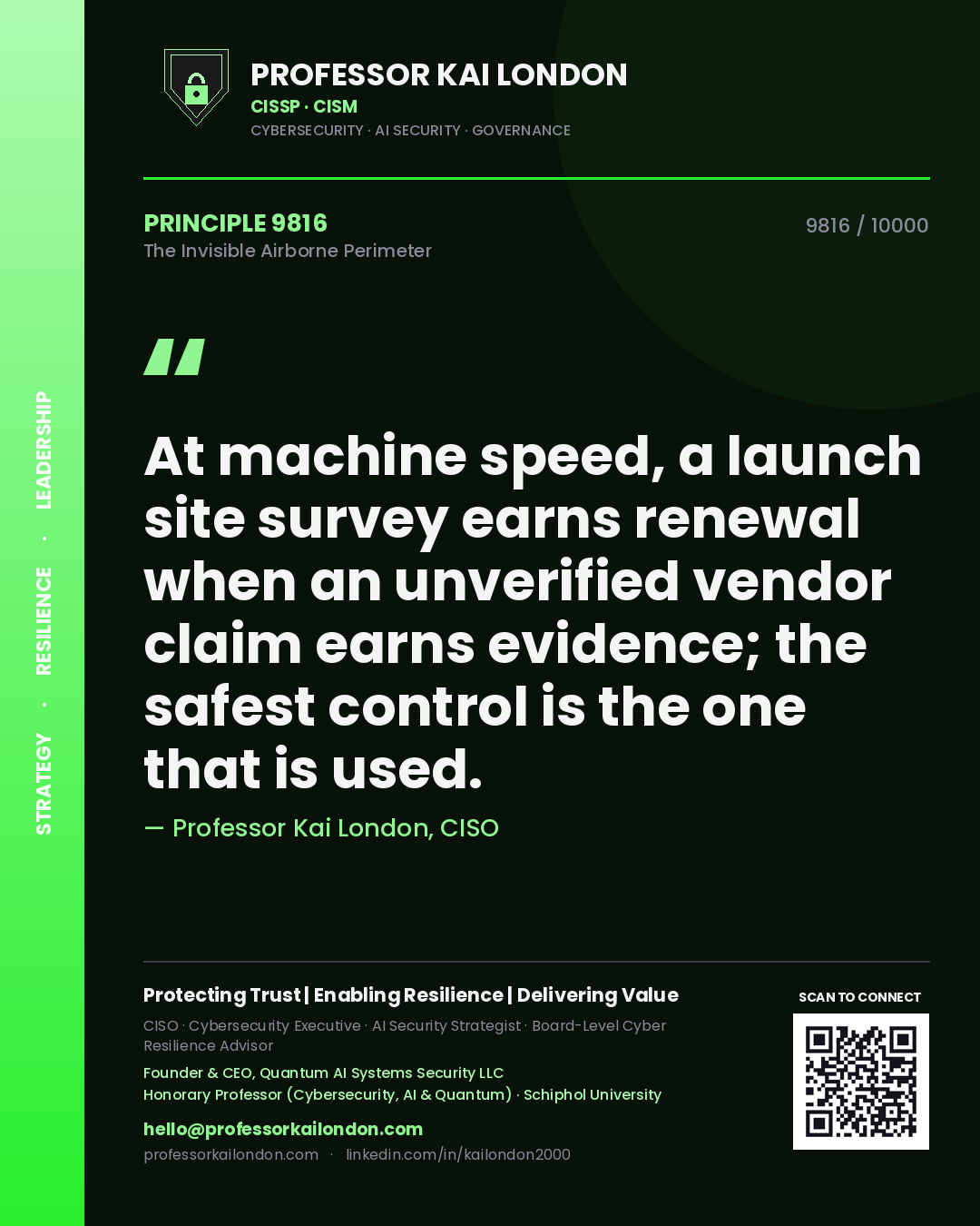 Professor Kai London principle 9816: At machine speed, a launch site survey earns renewal when an unverified vendor claim earns evidence; the safest control is the one that is used.