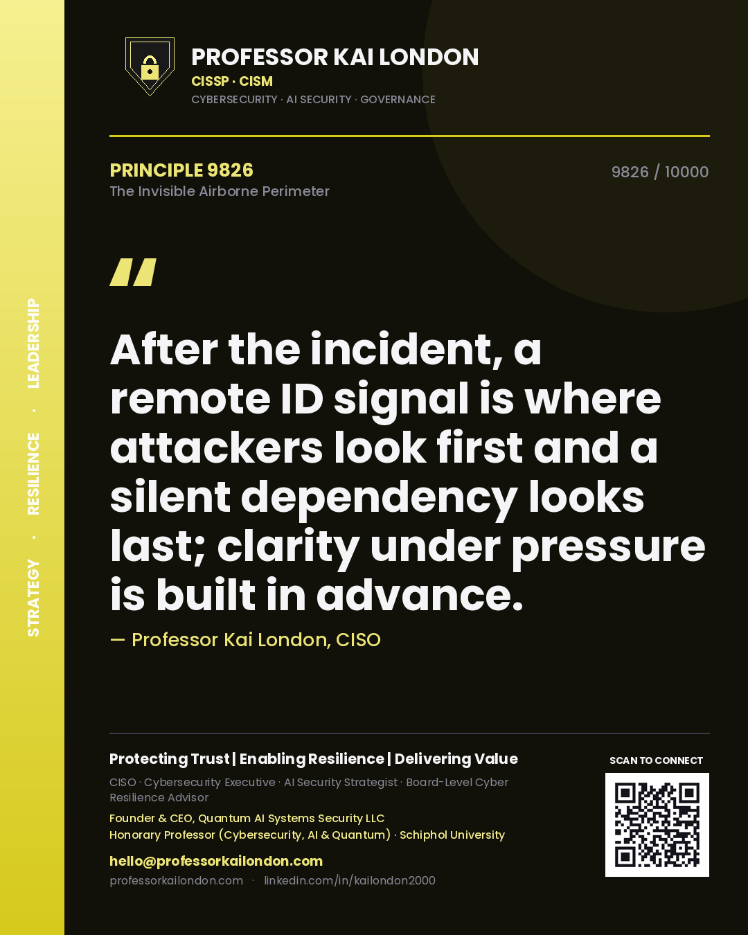 Quote card by Professor Kai London reading 'After the incident, a remote ID signal is where attackers look first and a silent dependency looks last; clarity under pressure is built in advance.'. From the book The Invisible Airborne Perimeter.