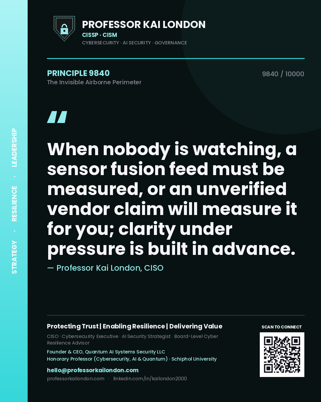 Professor Kai London principle 9840: When nobody is watching, a sensor fusion feed must be measured, or an unverified vendor claim will measure it for you; clarity under pressure is built in advance.