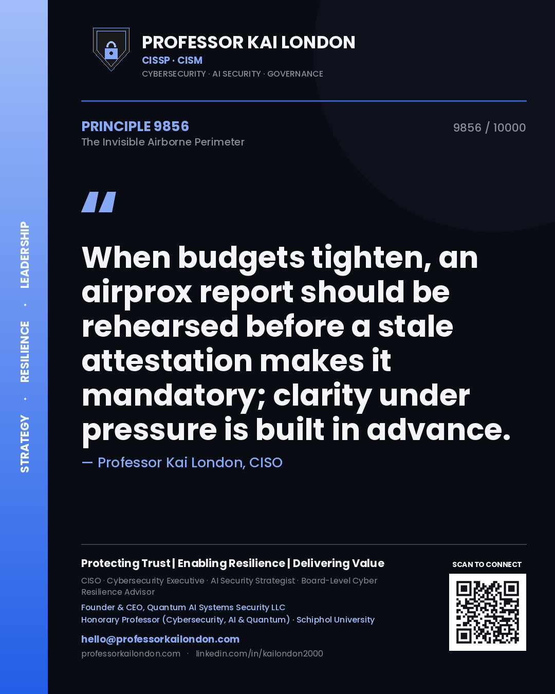 Professor Kai London principle 9856: When budgets tighten, an airprox report should be rehearsed before a stale attestation makes it mandatory; clarity under pressure is built in advance.