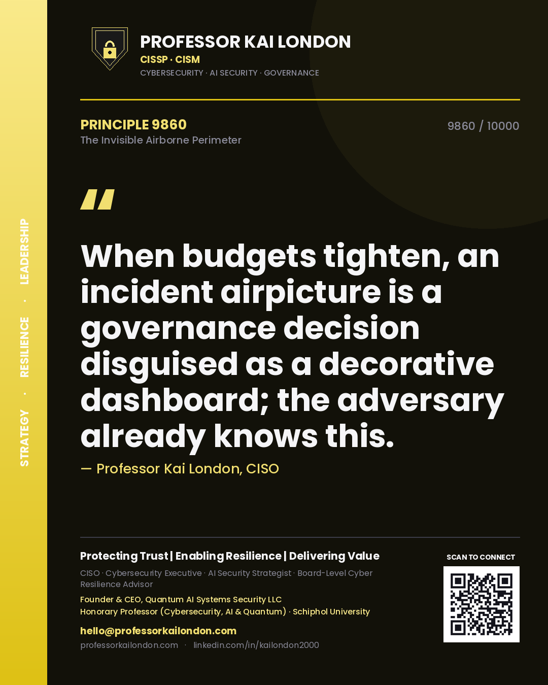 Quote card by Professor Kai London reading 'When budgets tighten, an incident airpicture is a governance decision disguised as a decorative dashboard; the adversary already knows this.'. From the book The Invisible Airborne Perimeter.