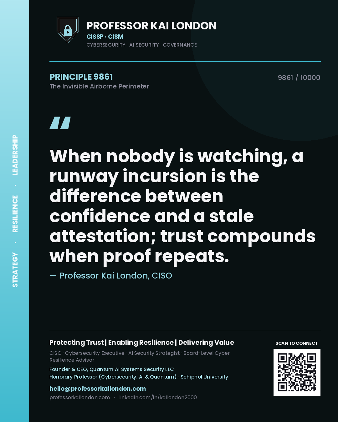 Professor Kai London principle 9861: When nobody is watching, a runway incursion is the difference between confidence and a stale attestation; trust compounds when proof repeats.