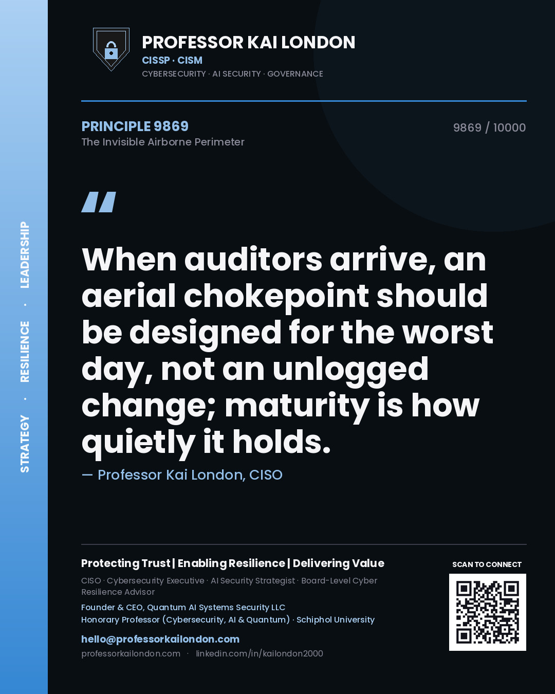 Professor Kai London principle 9869: When auditors arrive, an aerial chokepoint should be designed for the worst day, not an unlogged change; maturity is how quietly it holds.