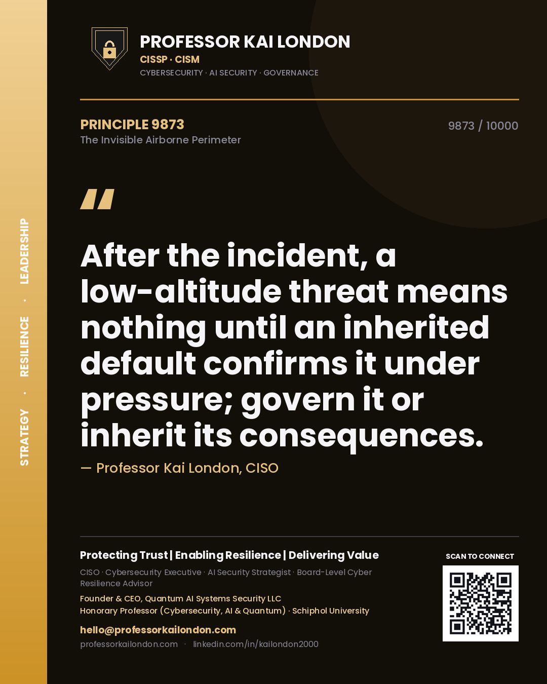 Professor Kai London principle 9873: After the incident, a low-altitude threat means nothing until an inherited default confirms it under pressure; govern it or inherit its consequences.