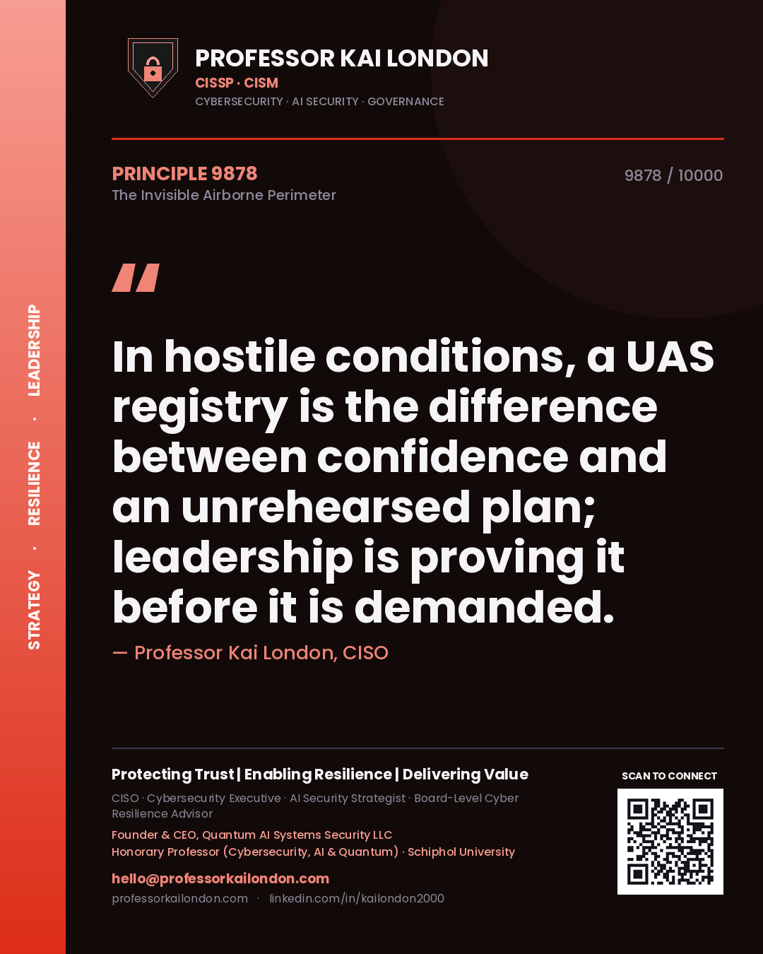 Professor Kai London principle 9878: In hostile conditions, a UAS registry is the difference between confidence and an unrehearsed plan; leadership is proving it before it is demanded.