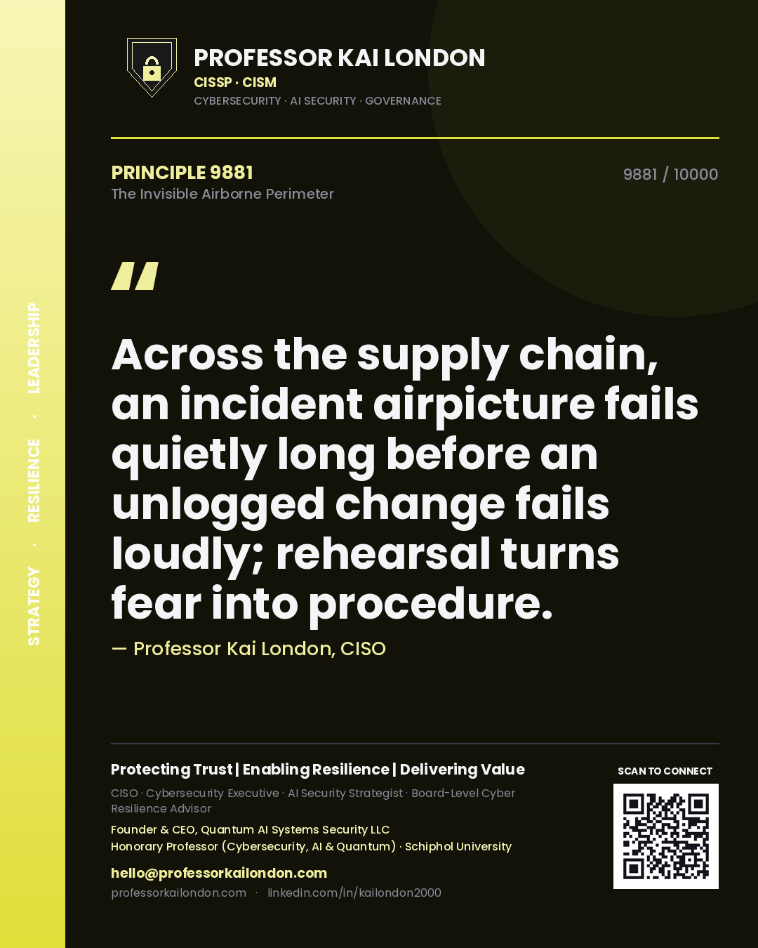 Quote card by Professor Kai London reading 'Across the supply chain, an incident airpicture fails quietly long before an unlogged change fails loudly; rehearsal turns fear into procedure.'. From the book The Invisible Airborne Perimeter.